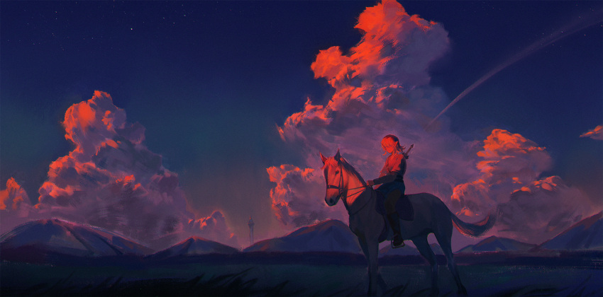 1boy, blue_sky, clouds, cloudy_sky, cumulonimbus_cloud, highres, horseback_riding, link