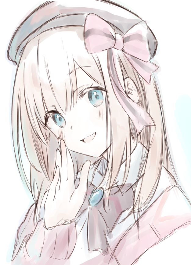 1girl, :d, beret, blue_eyes, blush, bow, brooch, brown_hair