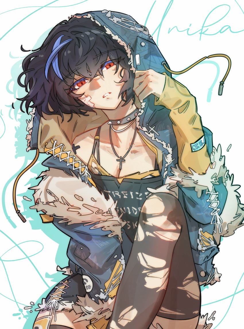 1girl, absurdres, bare_shoulders, black_hair, blue_hair, breasts, character_name, collar, collarbone, cross, cross_necklace, guilty_gear, guilty_gear_strive, highres, hood, hood_up, hooded_jacket, hoodie, jacket, jewelry, ky_gwangin, leg_up, multicolored_hair, necklace, red_eyes, simple_background, solo, spiked_collar, spikes, streaked_hair, thigh-highs, torn_clothes, torn_thighhighs, unika_(guilty_gear), white_background