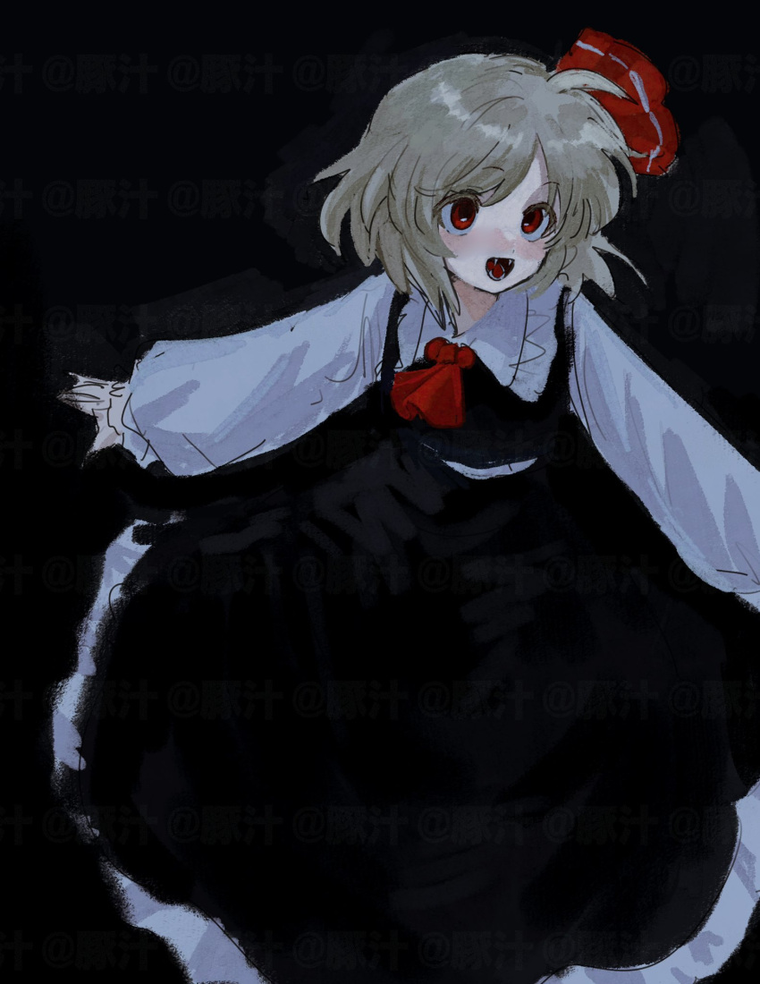 1girl, ame_iru, ascot, black_background, black_dress, blending, blonde_hair, bow, commentary, dress, hair_bow, highres, open_mouth, outstretched_arms, red_ascot, red_bow, red_eyes, rumia, short_hair, solo, spread_arms, touhou