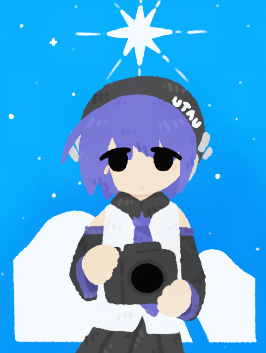 1girl, bad_id, bad_lofter_id, beret, black_eyes, black_hat, black_sleeves, blue_background, camera, collared_shirt, copyright_name, cowboy_shot, detached_sleeves, hakurei_choumu, hat, holding, holding_camera, long_sleeves, looking_at_viewer, mountainous_horizon, necktie, purple_hair, purple_necktie, shirt, short_hair, simple_background, sleeveless, sleeveless_shirt, solo, standing, star_(sky), star_(symbol), straight-on, urami_koushin_(utau), utane_uta, utau, white_shirt