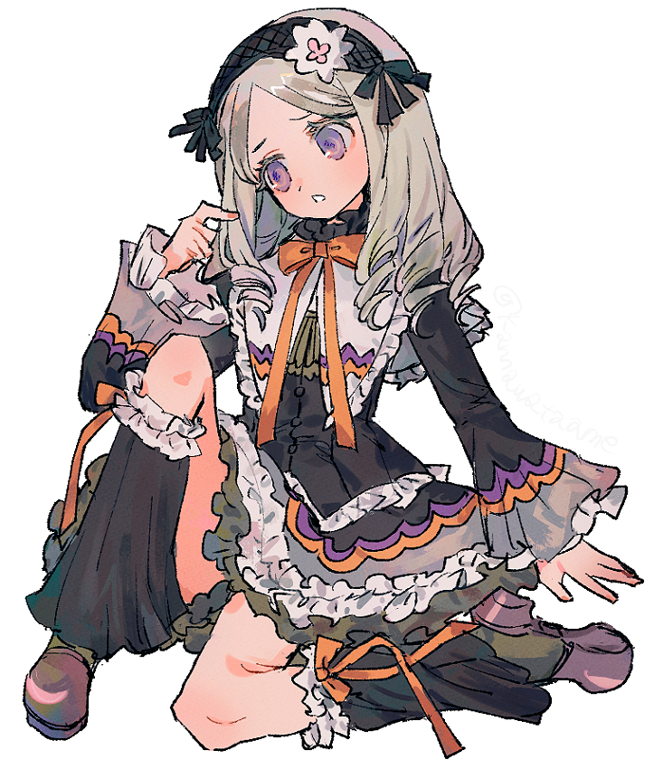 1girl, black_hairband, brown_shoes, commentary_request, dress, drill_hair, flower, frilled_dress