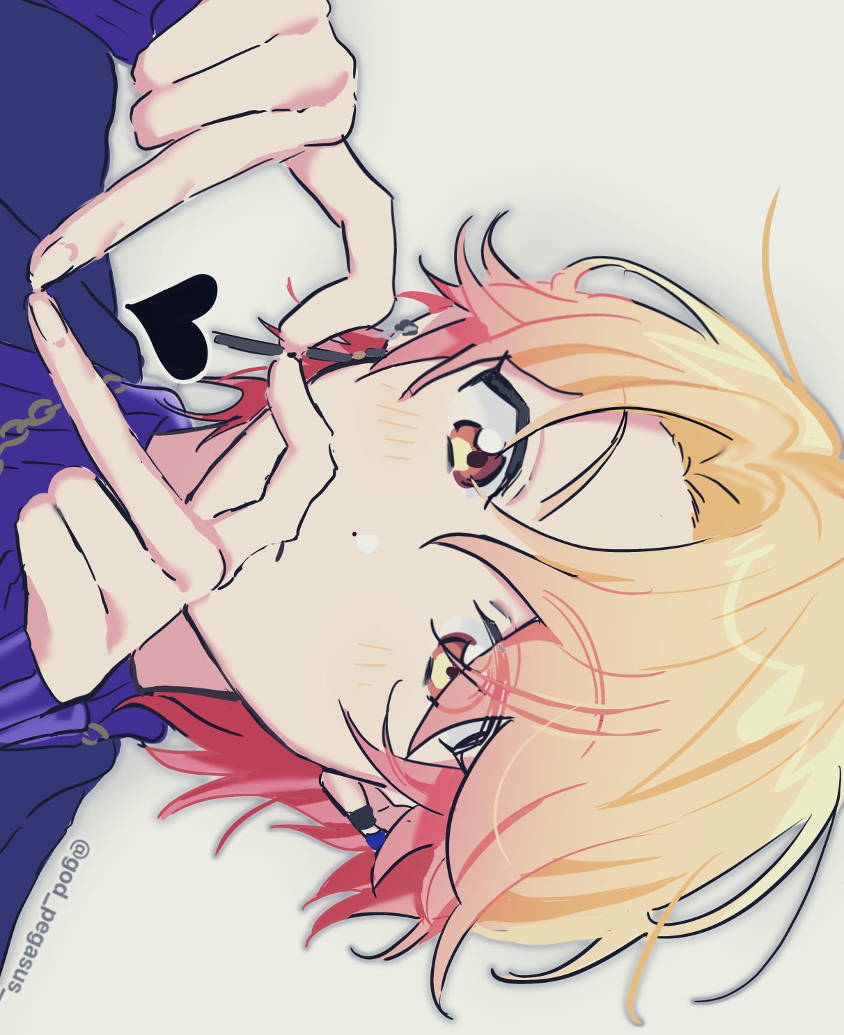 1boy, blonde_hair, deep_dark_for_light_(project_sekai), dot_nose, ear_piercing, fingernails, four-finger_heart_hands, gradient_hair
