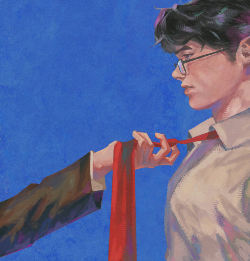 2boys, batman_(series), black-framed_eyewear, black_hair, blue_background, blue_eyes, bruce_wayne, clark_kent, clothes_grab, collared_shirt, commentary, dc_comics, highres, layered_sleeves, lips, long_sleeves, male_focus, meatomeato, multiple_boys, necktie, necktie_grab, neckwear_grab, out_of_frame, profile, red_necktie, shirt, simple_background, superman_(series), upper_body, white_shirt, wing_collar