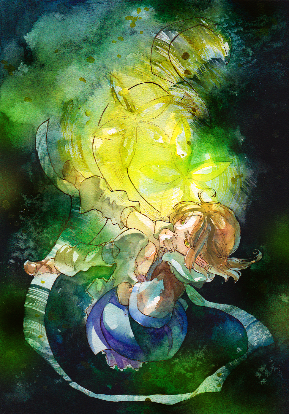bad_id, blonde_hair, campanula-star, green_eyes, hand_over_mouth, highres, mizuhashi_parsee, pointy_ears, scarf, short_hair, solo, touhou, traditional_media