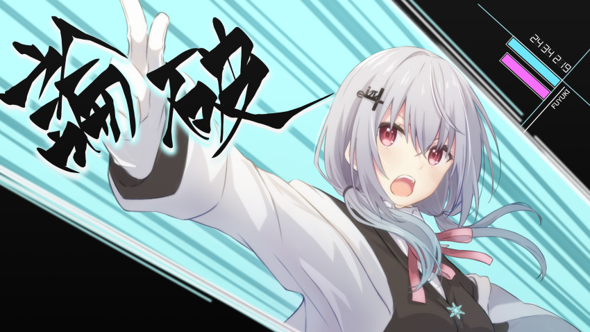 1girl, archaic_japanese_text, black_sweater, breasts, collared_shirt, danganronpa_(series), gloves, grey_hair