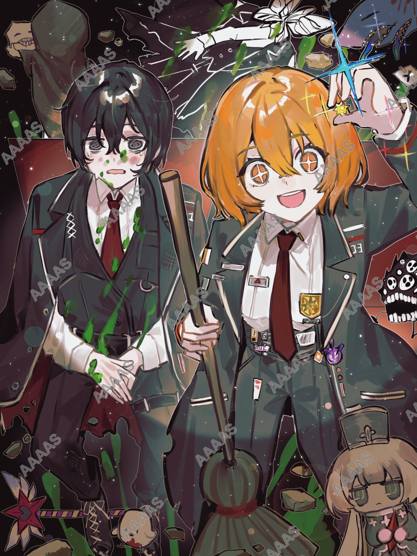 +_+, 1boy, 2girls, :d, @_@, akasasachii, black_background, black_coat