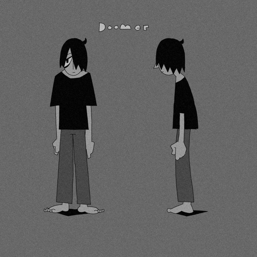 barefoot, black_hair, black_shirt, doomer_(synthesizer_v), grey_pants, hair_over_one_eye, highres, nyr50ml