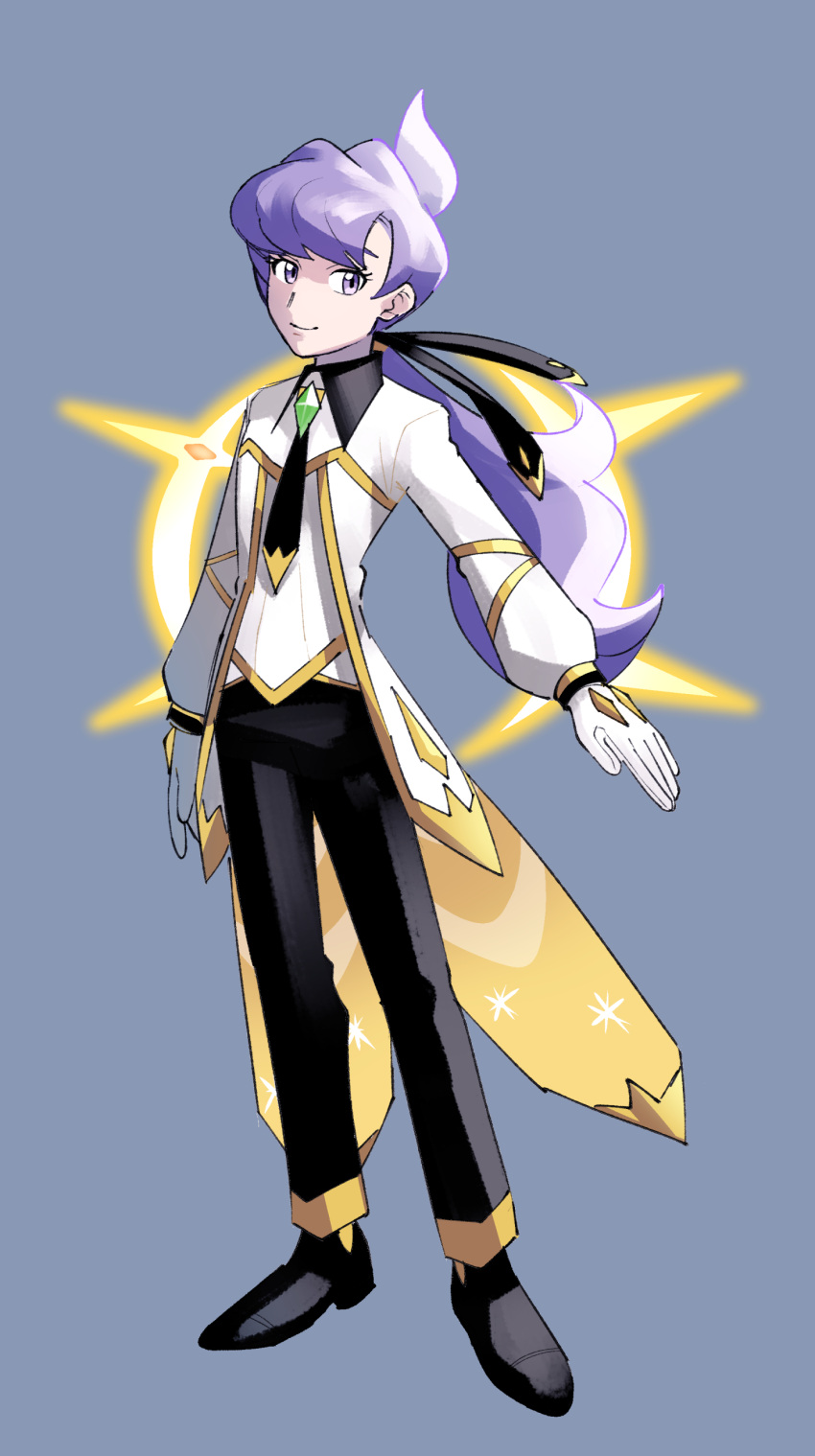 1girl, absurdres, alternate_costume, anabel_(pokemon), black_necktie, black_pants, black_shoes, blue_background