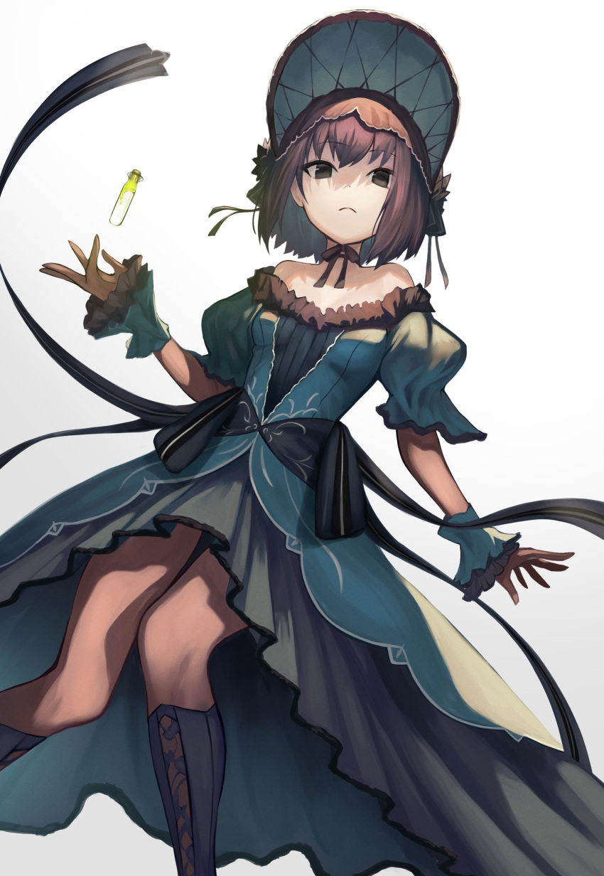 1girl, absurdres, bare_shoulders, boots, breasts, brown_hair, choker, dress