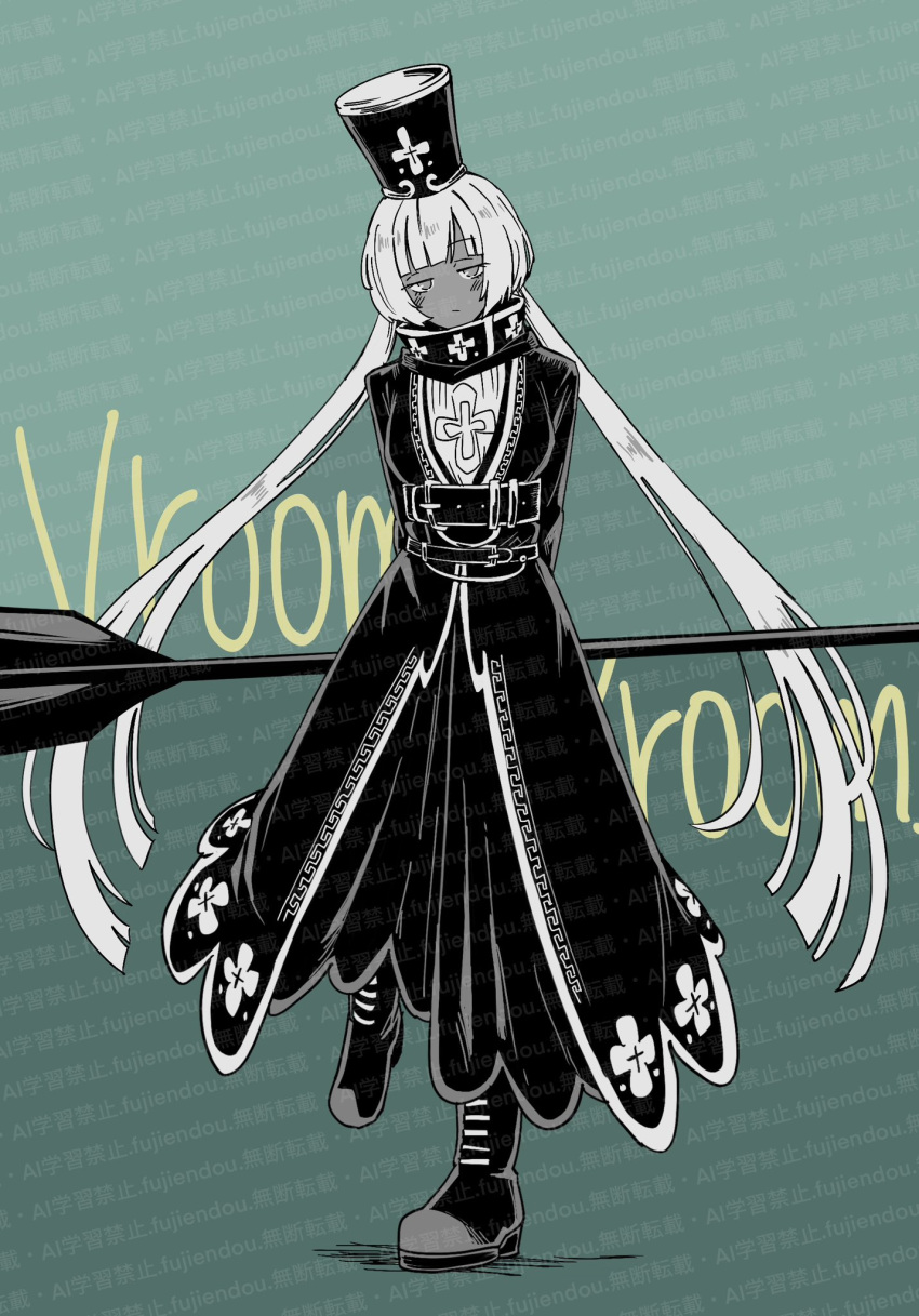 1girl, black_coat, black_hat, black_shoes, charon_(project_moon), coat, fujiendou, full_body, green_background, grey_eyes, greyscale_with_colored_background, hat, highres, holding, holding_oar, limbus_company, long_hair, long_sleeves, looking_at_viewer, low_twintails, oar, project_moon, shako_cap, shirt, shoes, simple_background, solo, standing, twintails, white_hair, white_shirt