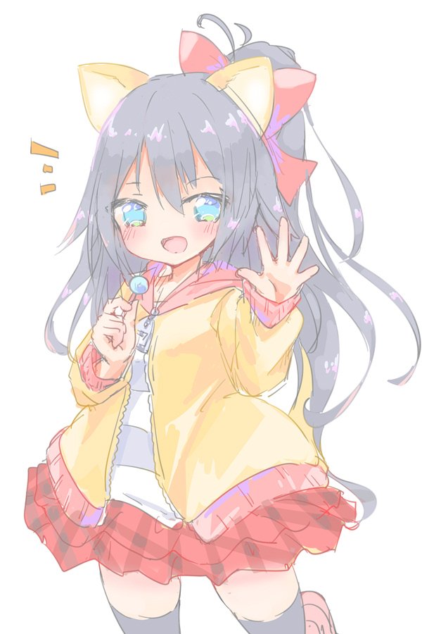 1girl, animal_ears, balulu_alma, black_hair, black_thighhighs, blue_eyes, bow, candy, emil_chronicle_online, food, frilled_skirt, frills, grey_shirt, hair_bow, haruka8738, holding, holding_candy, holding_food, holding_lollipop, jacket, lollipop, long_hair, looking_at_viewer, notice_lines, open_mouth, red_bow, red_skirt, shirt, side_ponytail, skirt, solo, striped_clothes, striped_shirt, thigh-highs, white_background, yellow_jacket