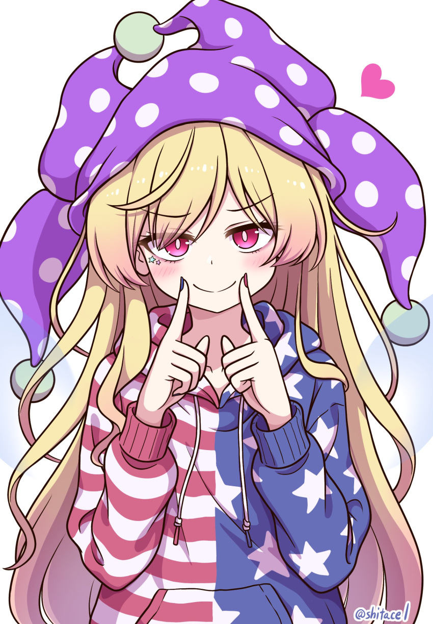 1girl, adapted_costume, american_flag, american_flag_print, blonde_hair, blush, closed_mouth, clownpiece