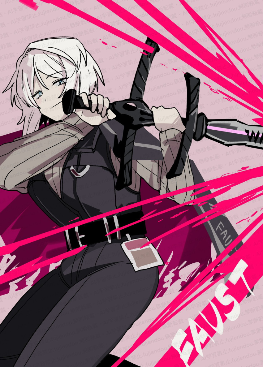 1girl, black_coat, black_pants, blue_eyes, breasts, character_name, closed_mouth, coat