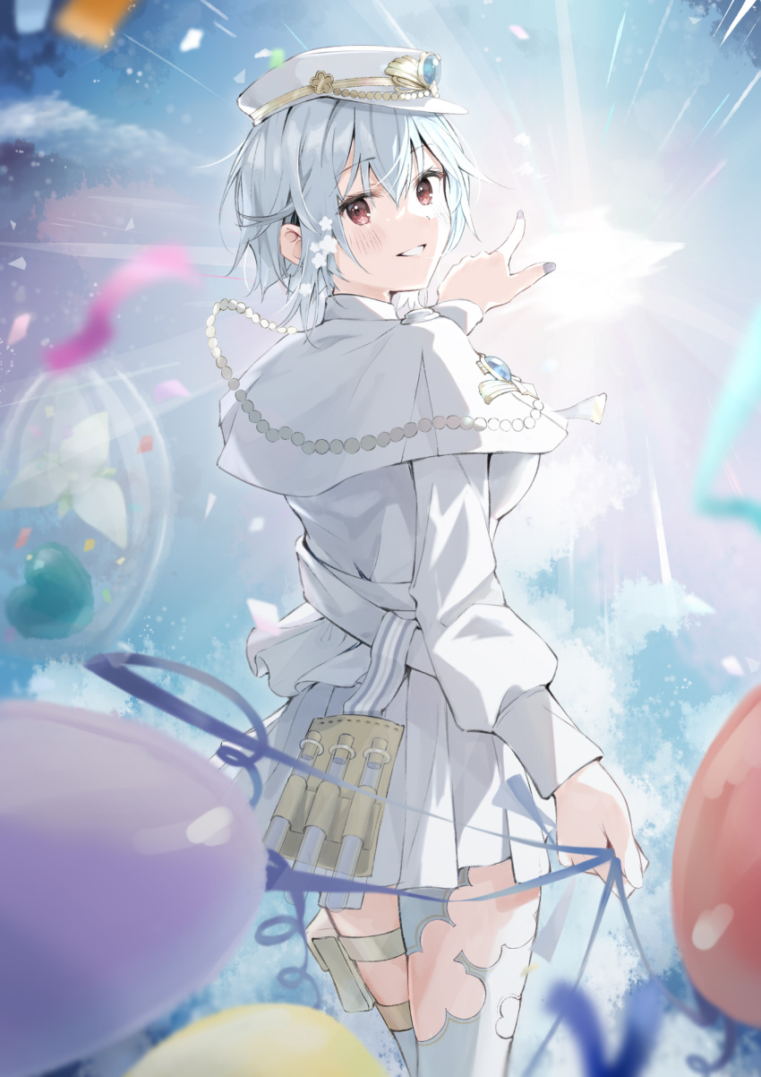 1girl, balloon, blue_gemstone, breasts, capelet, dress, flower, gem