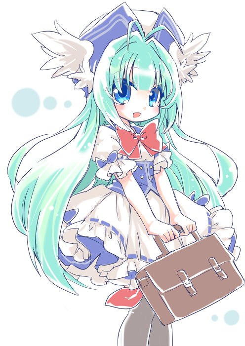 1girl, antenna_hair, bag, blue_collar, blue_eyes, blue_hat, blue_ribbon, brown_thighhighs