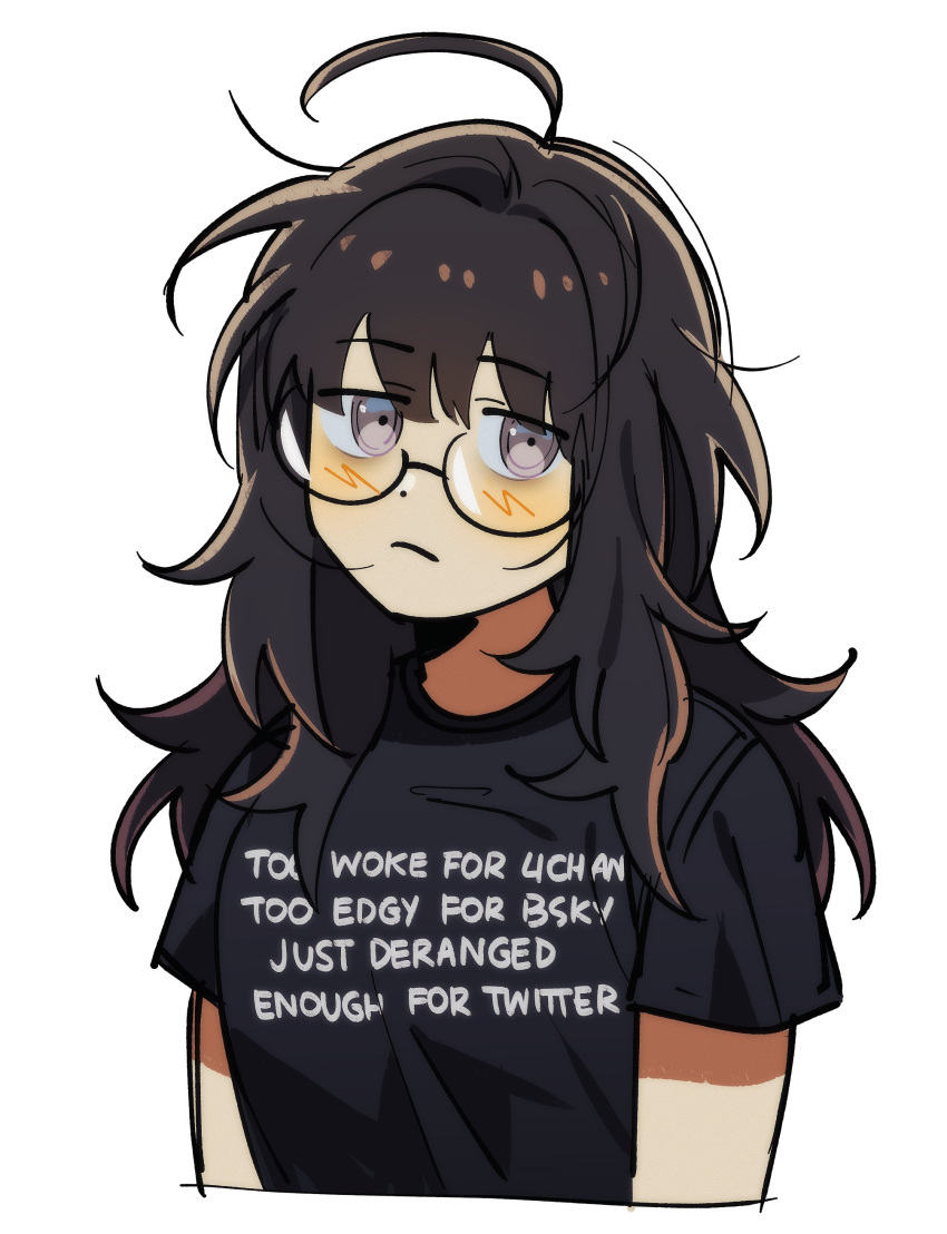 1girl, absurdres, ahoge, bags_under_eyes, black_hair, black_shirt, clothes_writing, commentary