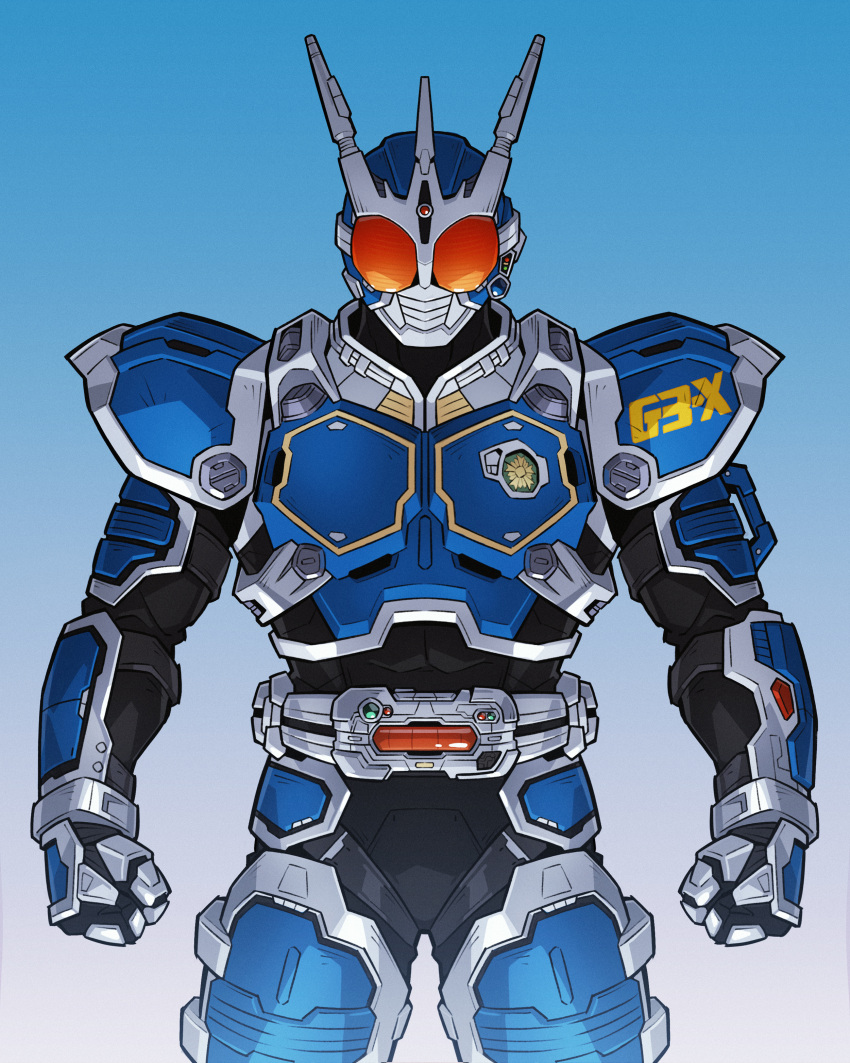 1boy, absurdres, armor, belt, clenched_hands, gradient_background, highres, kamen_rider, kamen_rider_agito_(series), kamen_rider_g3-x, male_focus, onion_maru, power_armor, shoulder_armor, solo, tokusatsu
