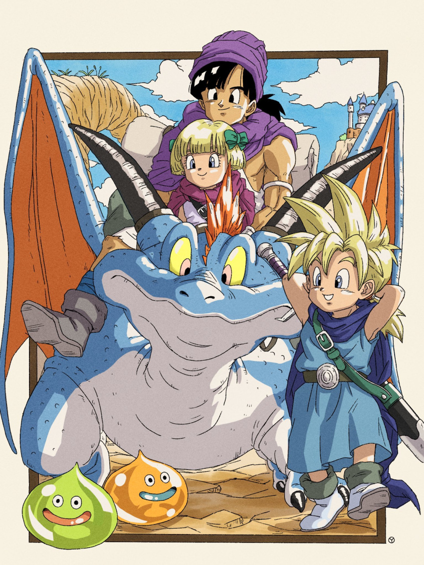 1girl, 2boys, armlet, arms_behind_head, black_hair, blonde_hair, blue_cape, blue_eyes