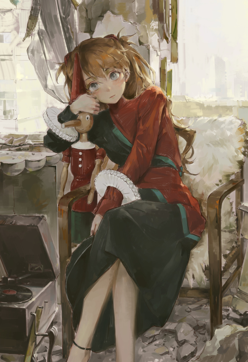 1girl, black_jacket, black_skirt, blue_eyes, brown_hair, chair, chinese_commentary, closed_mouth, commentary, crossed_legs, feet_out_of_frame, hair_between_eyes, highres, indoors, interface_headset_(evangelion), jacket, kuto_(kuroto), long_hair, long_sleeves, looking_at_viewer, multicolored_jacket, neon_genesis_evangelion, on_chair, phonograph, red_jacket, sitting, skirt, solo, souryuu_asuka_langley, toy_soldier, two-tone_jacket, vinyl_record, wrist_ruff