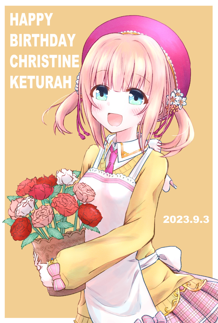 1girl, apron, bow, bow_flower, character_name, christine_ketoura, dated, flower_pot