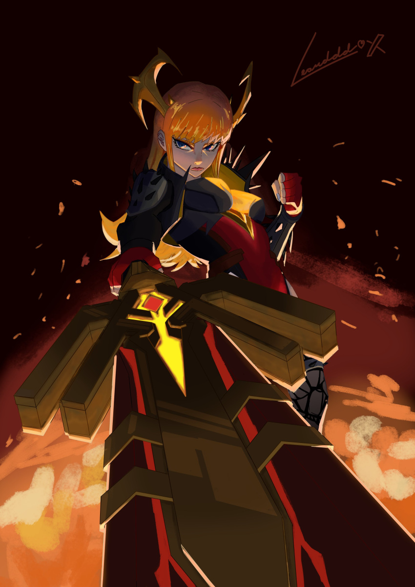 1girl, absurdres, armor, blonde_hair, blue_eyes, breasts, fingerless_gloves, fire