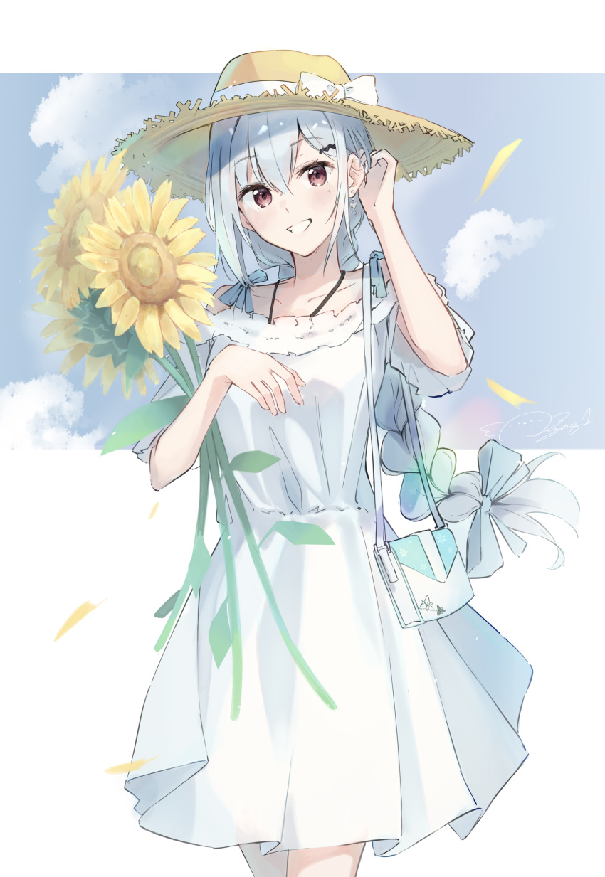 1girl, :d, absurdres, bag, bare_shoulders, blue_ribbon, braid, braided_ponytail