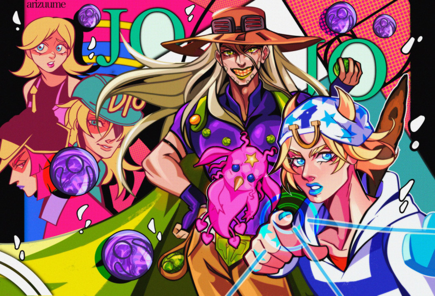 1other, 2girls, 3boys, aqua_helmet, arizuume, ball, beanie, beard