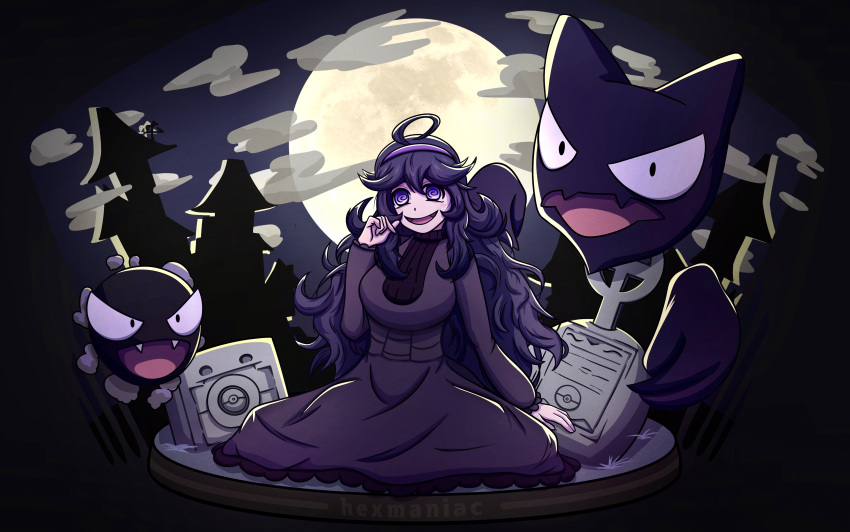 1girl, :d, absurdres, ahoge, black_dress, black_hair, character_name, clouds