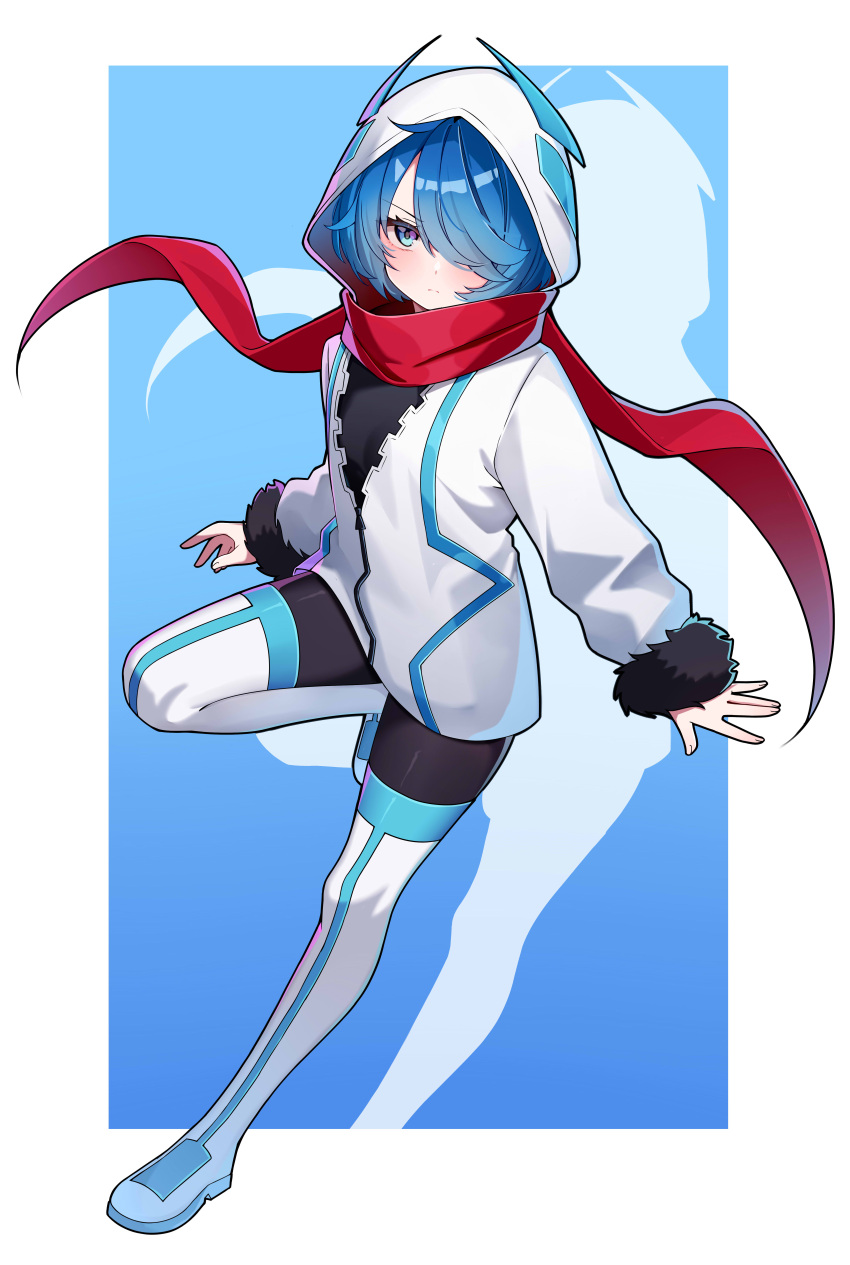 1girl, absurdres, blue_eyes, blue_hair, bodystocking, boots, breasts, commission