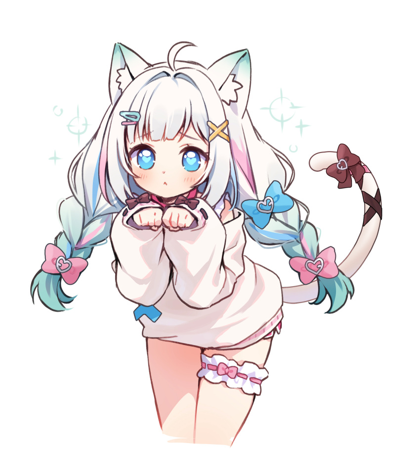 1girl, absurdres, ahoge, animal_ear_fluff, animal_ears, black_bow, blue_bow, blue_eyes