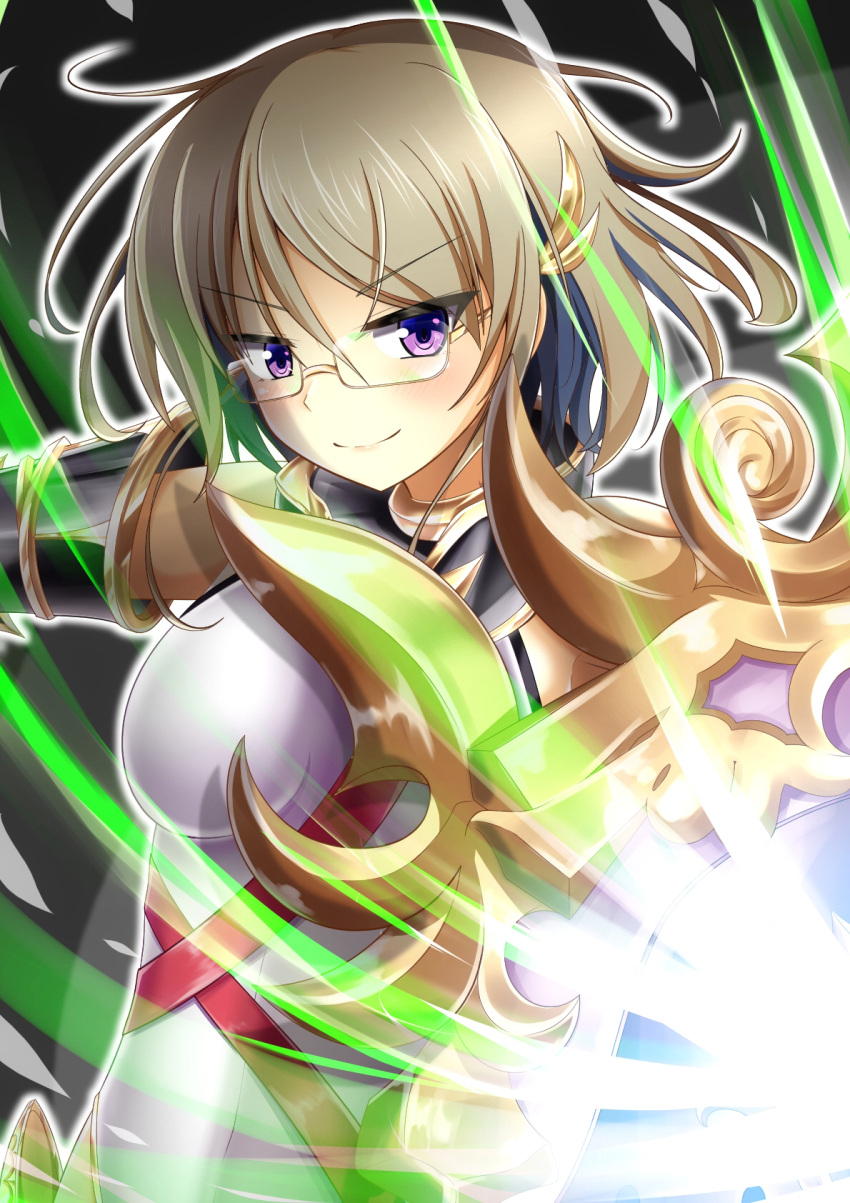 1girl, arm_guards, bare_shoulders, belt, black_background, breasts, clair_filandre, glasses