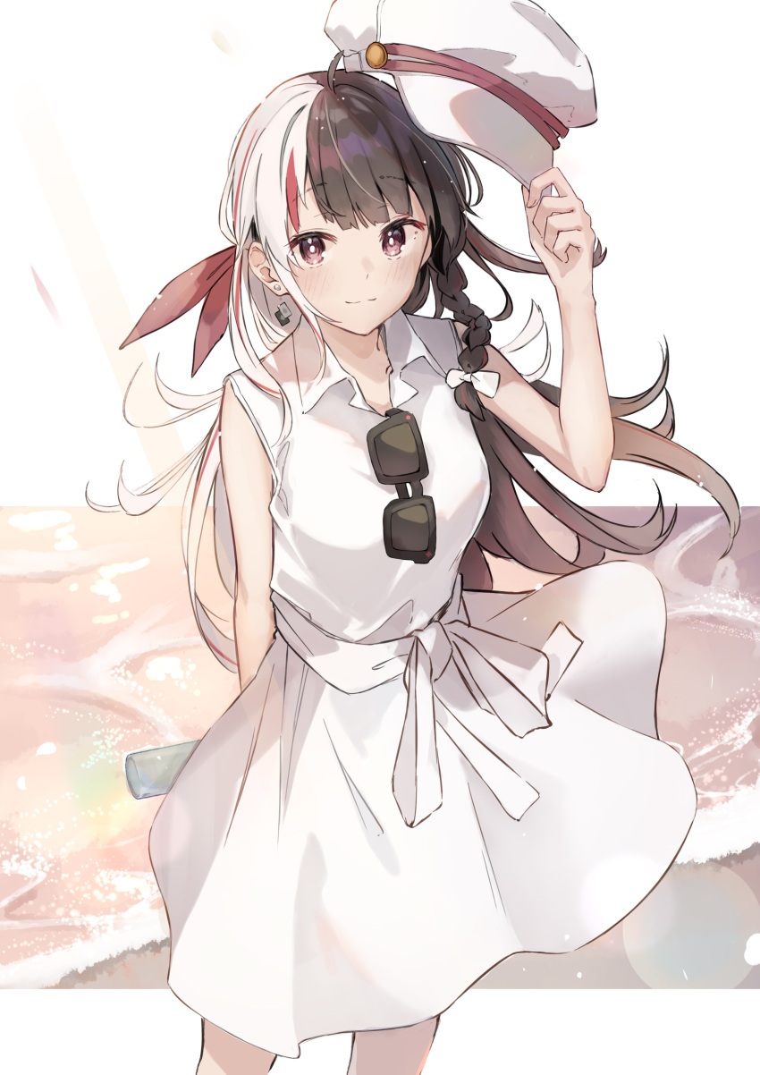 1girl, absurdres, ahoge, beach, black_hair, blush, braid, breasts