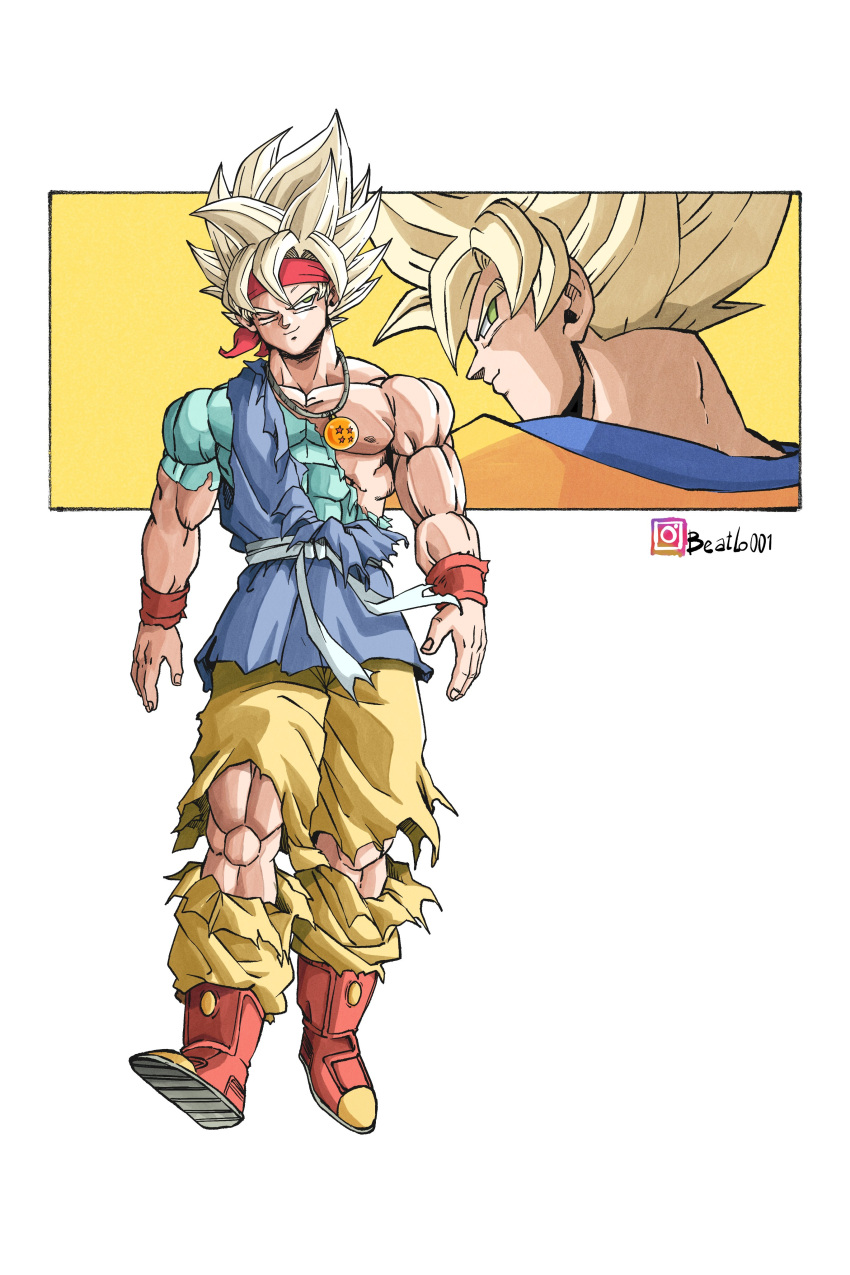 2boys, absurdres, beatlo_(rodrigo38658978), blonde_hair, blue_shirt, blue_tunic, boots, dougi