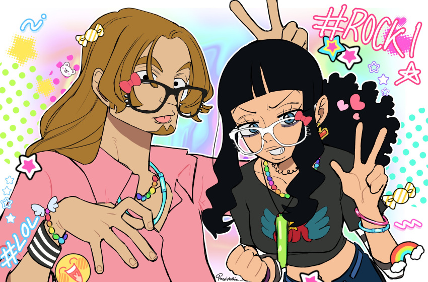 1boy, 1girl, angelplushie, blonde_hair, blunt_bangs, bookstore_part-timer, bracelet, clenched_hand, collared_shirt, commentary, crop_top, english_commentary, eyelashes, facial_hair, glasses, goatee, heart, highres, jewelry, long_hair, looking_at_viewer, necklace, one_piece, one_piece_fan_letter, pearl_necklace, pink_shirt, ponytail, shirt, sidelocks, star_(symbol), tongue, tongue_out, upper_body, v, v-shaped_eyebrows, wristband, younger_marine_brother