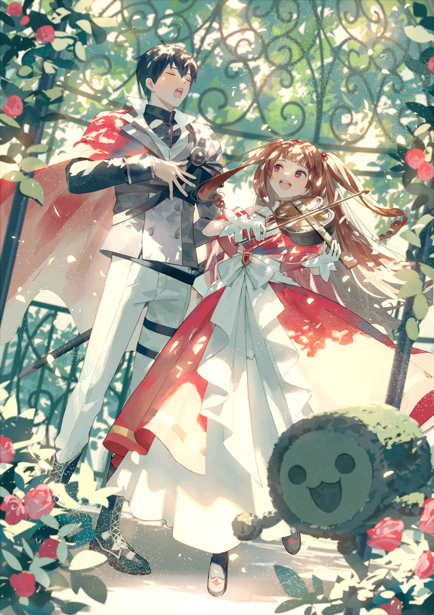 1boy, 1girl, absurdres, ankle_boots, armor, bandai_namco, bare_shoulders, belt, black_belt, black_hair, black_jacket, black_shoes, black_sleeve_cuffs, black_sleeves, black_straps, blunt_bangs, blush, boots, bow, bow_(music), brown_hair, bush, buttons, cape, closed_eyes, collared_dress, collared_shirt, commentary_request, dappled_sunlight, double-breasted, dress, flats, flower, front_bow, gazebo, gem, gloves, hair_bobbles, hair_ornament, half-skirt, hannah_(wadiverse)_(taiko_no_tatsujin), high_collar, highres, holding, holding_instrument, holding_sword, holding_violin, holding_weapon, humanization, instrument, jacket, john_(wadiverse)_(taiko_no_tatsujin), lace-up_boots, long_hair, looking_at_another, looking_at_viewer, multiple_belts, music, official_art, open_mouth, painterly, pants, pants_tucked_in, pauldrons, playing_instrument, popped_collar, red_cape, red_eyes, red_flower, red_gemstone, red_rose, red_skirt, ringlets, rose, second-party_source, shade, sheath, sheathed, shirt, shoes, shoulder_armor, singing, single_pauldron, skirt, sleeve_cuffs, sleeveless, sleeveless_dress, sunlight, sword, taiko_no_tatsujin, takahashi_hana, teeth, thigh_strap, twintails, ugonba_(howatoro), upper_teeth_only, very_long_hair, violin, wada_don, wada_john, waist_bow, weapon, white_bow, white_dress, white_gloves, white_pants, white_shirt