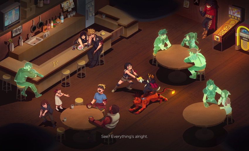 5girls, 6+boys, absurdres, aerith_gainsborough, against_wall, bar_(place), barret_wallace, biggs_(ff7)