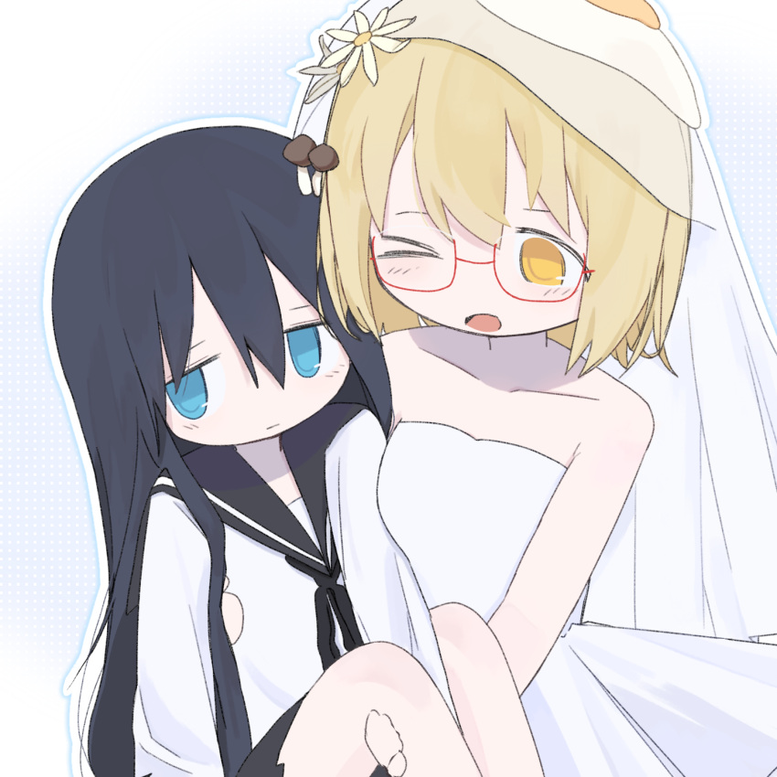 2girls, ben-day_dots, black_hair, black_ribbon, black_sailor_collar, blonde_hair, blue_eyes, carrying