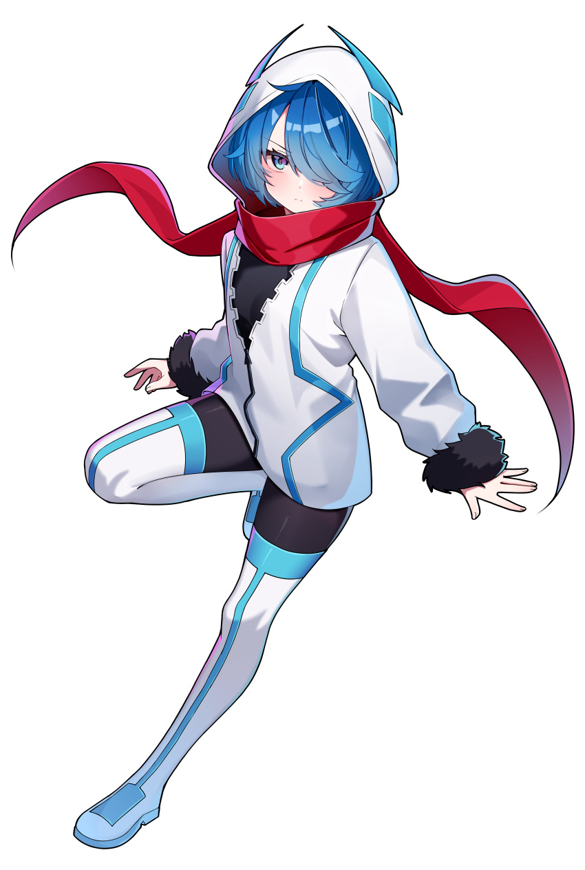 1girl, absurdres, blue_eyes, blue_hair, bodystocking, boots, breasts, commission