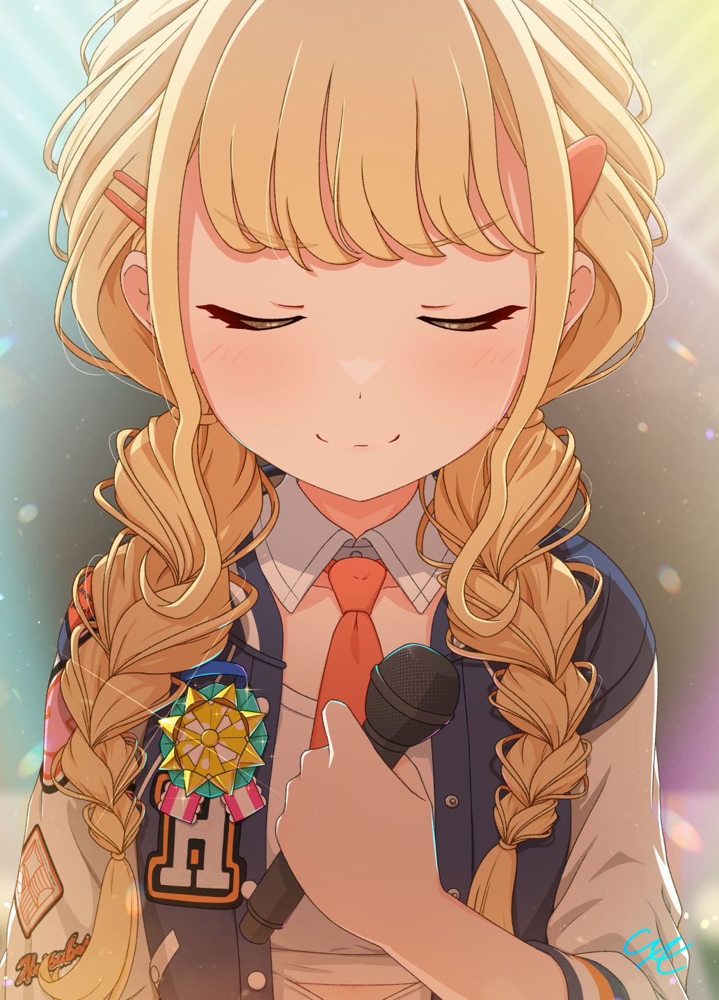 1girl, blonde_hair, blue_jacket, blurry, blurry_background, braid, braided_twintails, campus_mode!!_(idolmaster), closed_eyes, closed_mouth, collar, commentary_request, cxe, depth_of_field, detached_collar, fujita_kotone, gakuen_idolmaster, hair_ornament, hairclip, hand_up, highres, holding, holding_microphone, idolmaster, jacket, letterman_jacket, light_blush, long_hair, low_twintails, microphone, midriff_peek, multicolored_jacket, necktie, red_necktie, shirt, sidelocks, smile, solo, stage, stage_lights, swept_bangs, twintails, upper_body, white_collar, white_jacket, white_shirt