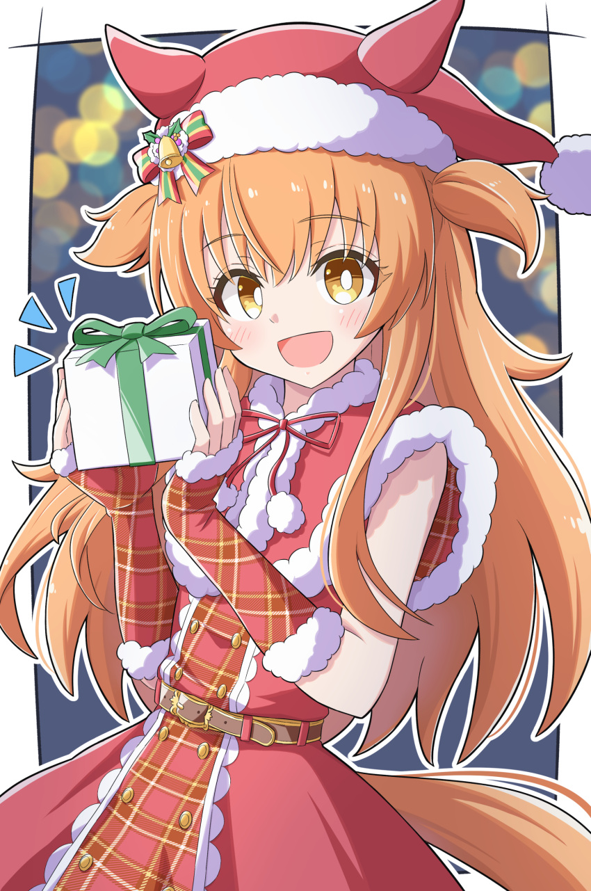 1girl, :d, abstract_background, absurdres, animal_ears, belt, blush, border, box, brown_belt, capelet, christmas, christmas_present, commentary, cowboy_shot, dress, fingerless_gloves, fur-trimmed_capelet, fur-trimmed_dress, fur-trimmed_gloves, fur-trimmed_headwear, fur_trim, gift, gift_box, gloves, hat, hat_bell, highres, holding, holding_gift, horse_ears, horse_girl, horse_hat, horse_tail, long_hair, looking_at_viewer, mayano_top_gun_(formation:_party)_(umamusume), mayano_top_gun_(umamusume), neck_ribbon, official_alternate_costume, open_mouth, orange_hair, outline, plaid_clothes, plaid_gloves, red_capelet, red_dress, red_gloves, red_ribbon, ribbon, santa_costume, santa_dress, santa_hat, smile, solo, tail, toushirou_(sugarwhite1046), two_side_up, umamusume, white_border, white_outline