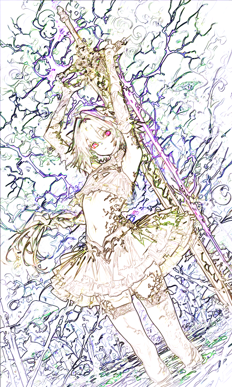 1boy, astolfo_(fate), bow, braid, braided_ponytail, crop_top, crossdressing, crossdressing_(mtf), fate/grand_order, fate_(series), greatsword, hair_bow, hair_intakes, highres, huge_weapon, layered_skirt, limited_palette, lineart, linedrawing_man, long_hair, male_focus, midriff, miniskirt, multiple_hair_bows, navel, pink_hair, single_hair_streak, skirt, solo, sword, thigh-highs, thighs, trap, very_long_hair, violet_eyes, weapon, zettai_ryouiki