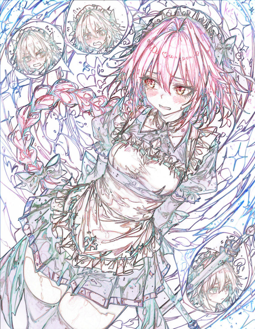 1boy, apron, astolfo_(fate), black_bow, black_dress, black_thighhighs, blush, bow