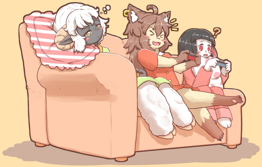 >_<, 1girl, ?, couch, cream_background, furry, on_couch, original