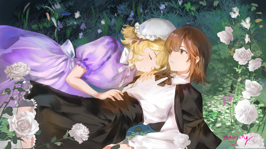 2girls, absurdres, black_bow, black_bowtie, black_capelet, black_skirt, blonde_hair, bow
