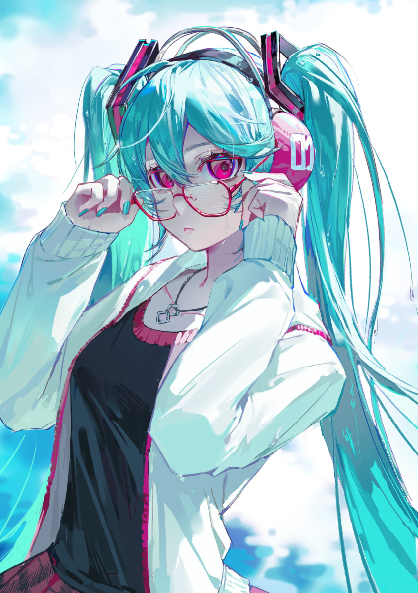 1girl, absurdres, adjusting_eyewear, alternate_costume, black_shirt, blue_hair, blue_nails, blurry