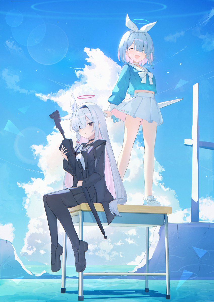 2girls, :d, ^_^, arona_(blue_archive), black_choker, black_coat, black_eyes, black_hairband