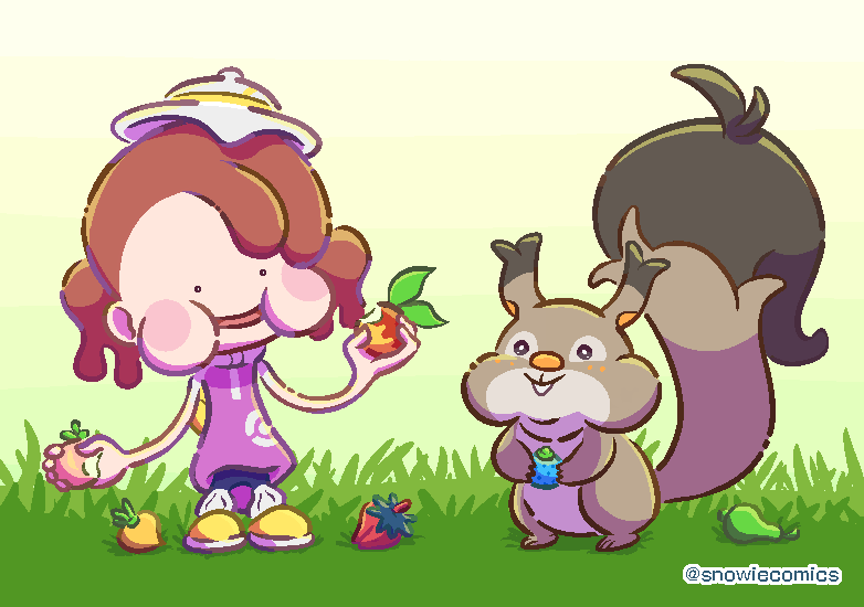._., 1girl, berry_(pokemon), blush, blush_stickers, brown_hair, closed_mouth, commentary_request