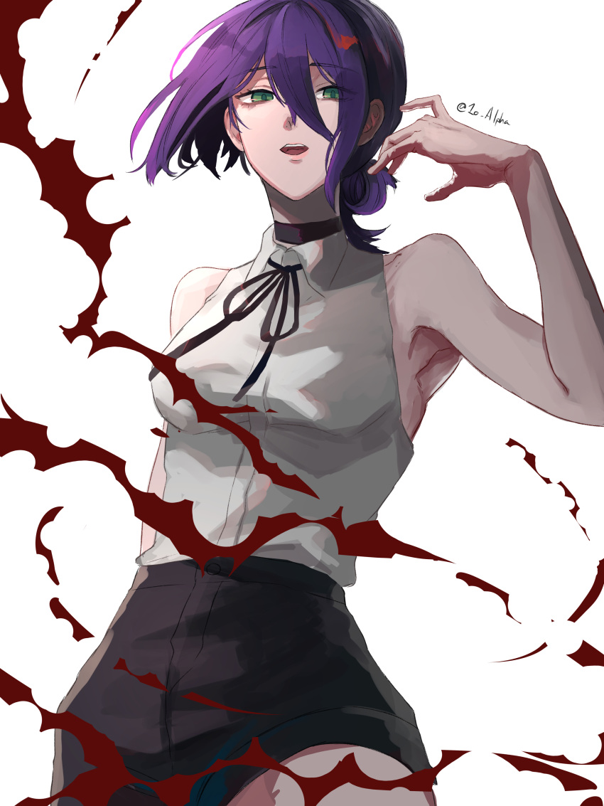 1girl, absurdres, black_choker, black_ribbon, black_shorts, blood, breasts, chainsaw_man, choker, collared_shirt, commentary_request, green_eyes, hair_between_eyes, hair_bun, highres, hiiro_gekka, medium_breasts, neck_ribbon, purple_hair, reze_(chainsaw_man), ribbon, shirt, shirt_tucked_in, shorts, sleeveless, sleeveless_shirt, solo, white_background, white_shirt