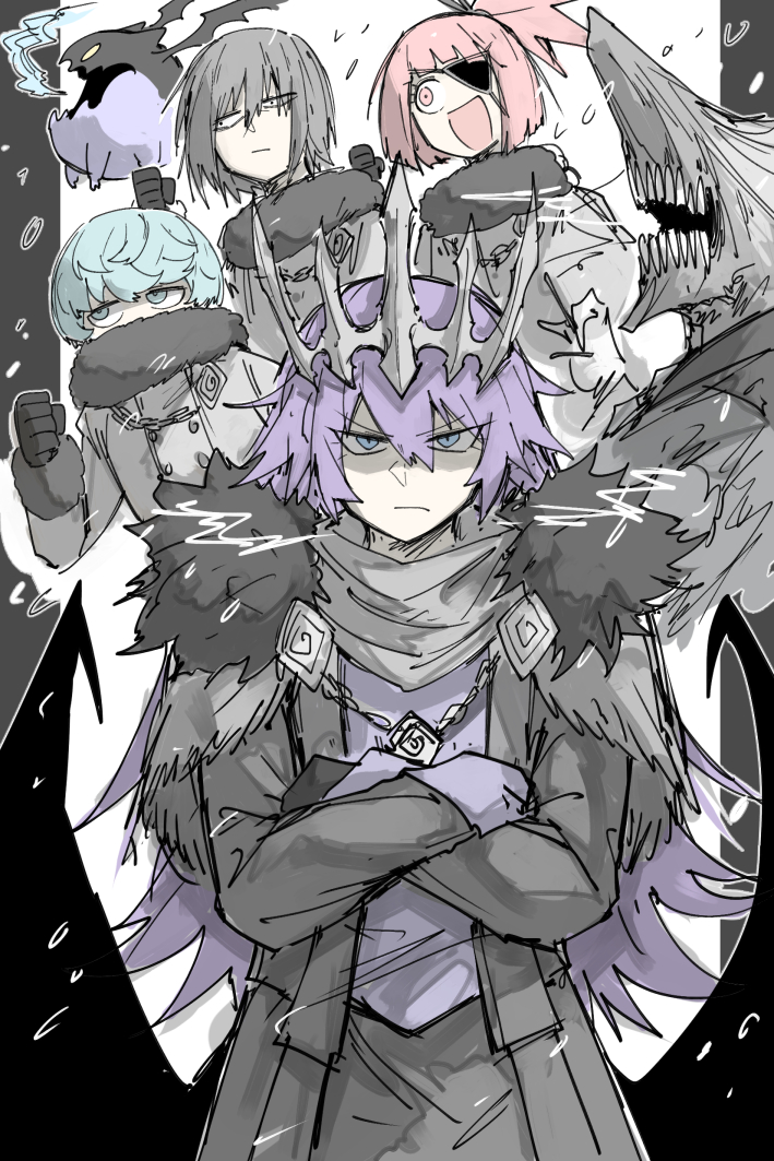 2boys, 2girls, :d, aqua_hair, black_gloves, blot_plot, blue_eyes, closed_mouth